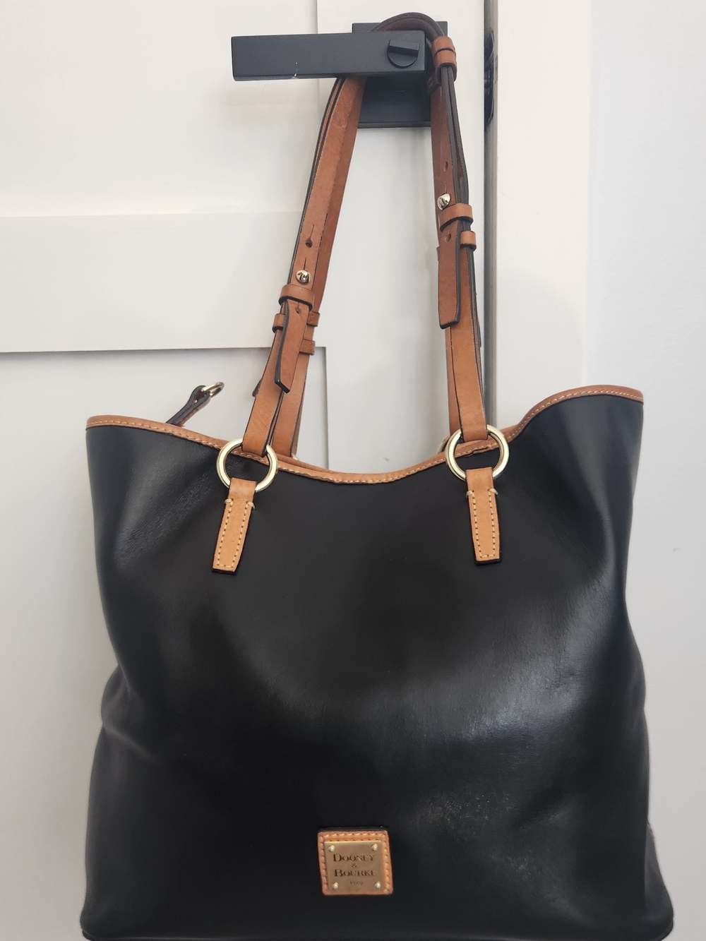 Dooney & Bourke Black Leather Tote with Tan Trim and Straps